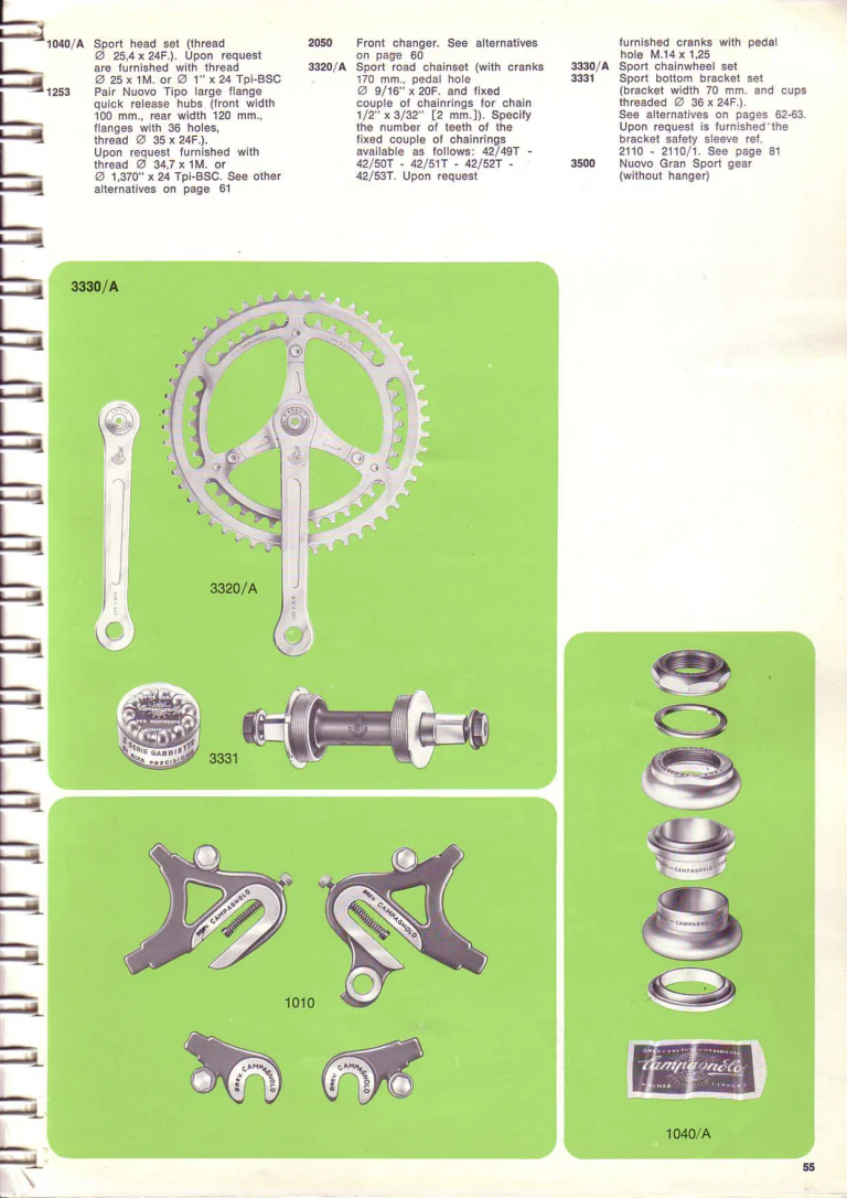 Campagnolo 1974 Catalogue No. 17 — Super Record in Titanium, Record, Gran Sport and Valentino Extra, with the Firm Beyond Bicycles — page 63 of 102