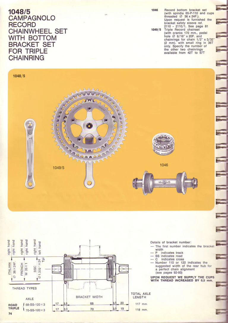 Campagnolo 1974 Catalogue No. 17 — Super Record in Titanium, Record, Gran Sport and Valentino Extra, with the Firm Beyond Bicycles — page 82 of 102