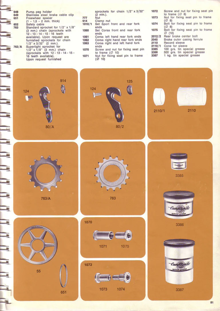 Campagnolo 1974 Catalogue No. 17 — Super Record in Titanium, Record, Gran Sport and Valentino Extra, with the Firm Beyond Bicycles — page 89 of 102