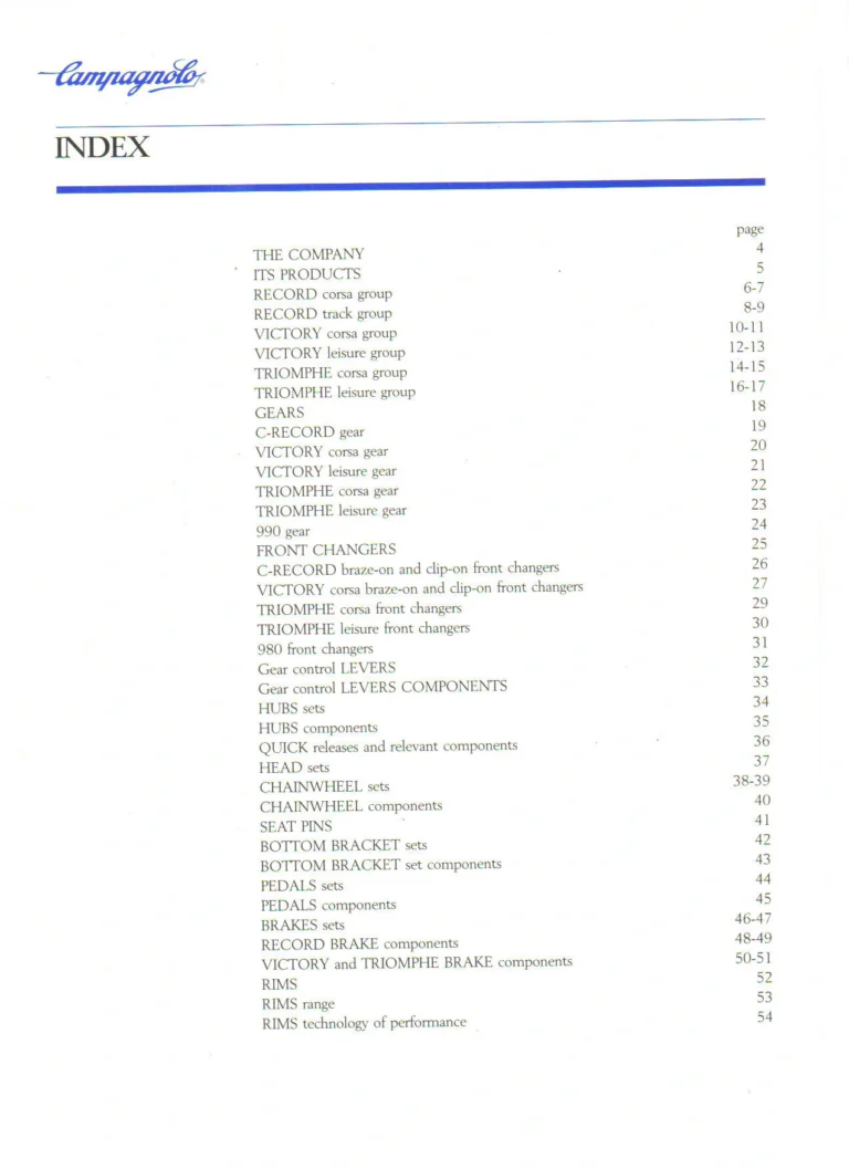 Campagnolo 1985 Catalogue No. 18 bis — C-Record, Victory and Triomphe: the Groups, Gears, Brakes and Rims of the C-Record Range — page 2 of 54