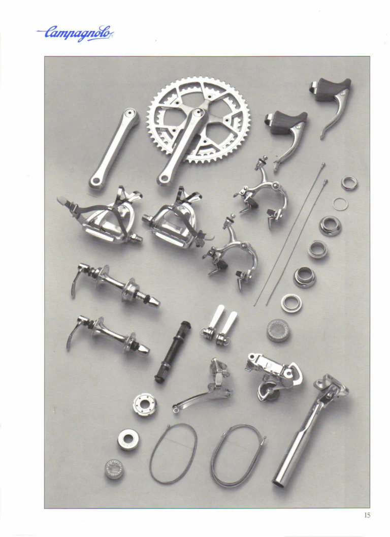 Campagnolo 1985 Catalogue No. 18 bis — C-Record, Victory and Triomphe: the Groups, Gears, Brakes and Rims of the C-Record Range — page 14 of 54