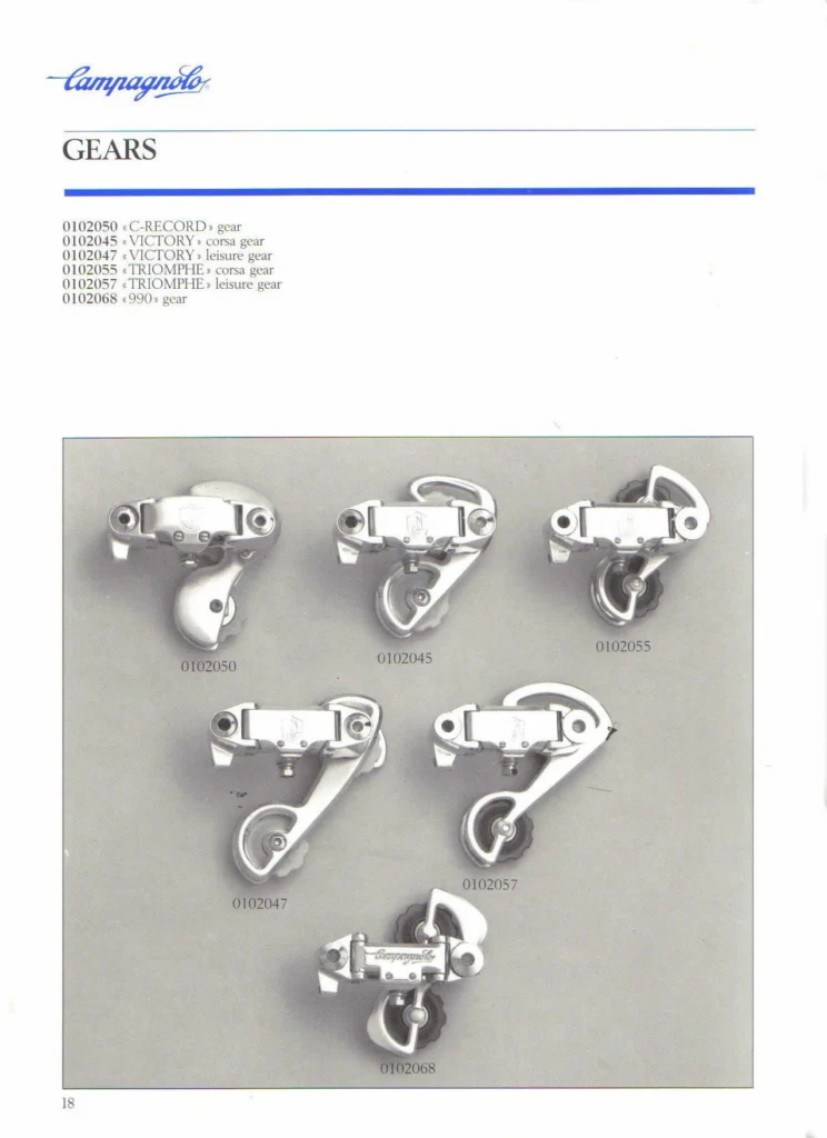 Catalog page headed Gears under the blue Campagnolo script logo, with a list of six rear derailleurs above a black and white photograph of them arranged in three rows, two of them with long cages
