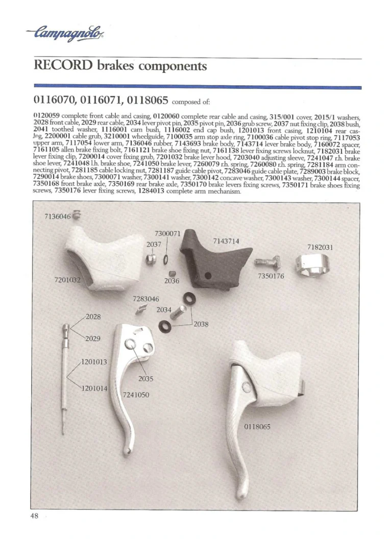 Campagnolo 1985 Catalogue No. 18 bis — C-Record, Victory and Triomphe: the Groups, Gears, Brakes and Rims of the C-Record Range — page 47 of 54