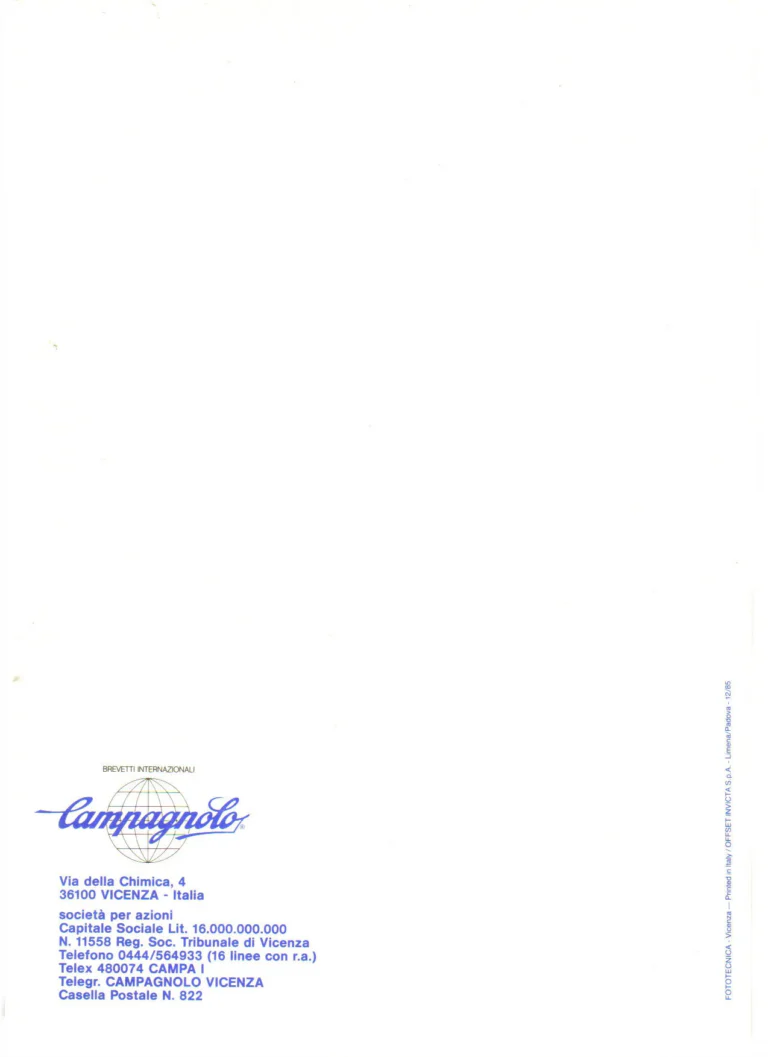 Campagnolo 1985 Catalogue No. 18 bis — C-Record, Victory and Triomphe: the Groups, Gears, Brakes and Rims of the C-Record Range — page 54 of 54
