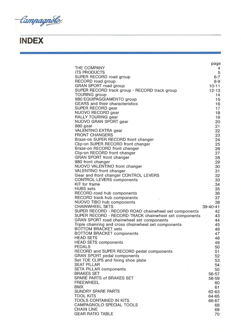 Campagnolo Catalogue No. 18, December 1986 Printing — Super Record, Record, Gran Sport, Touring and 980 Groups, Every Part and the Tools — page 2 of 70