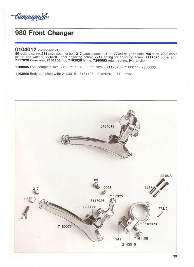 Campagnolo Catalogue No. 18, December 1986 Printing — Super Record, Record, Gran Sport, Touring and 980 Groups, Every Part and the Tools — page 28 of 70