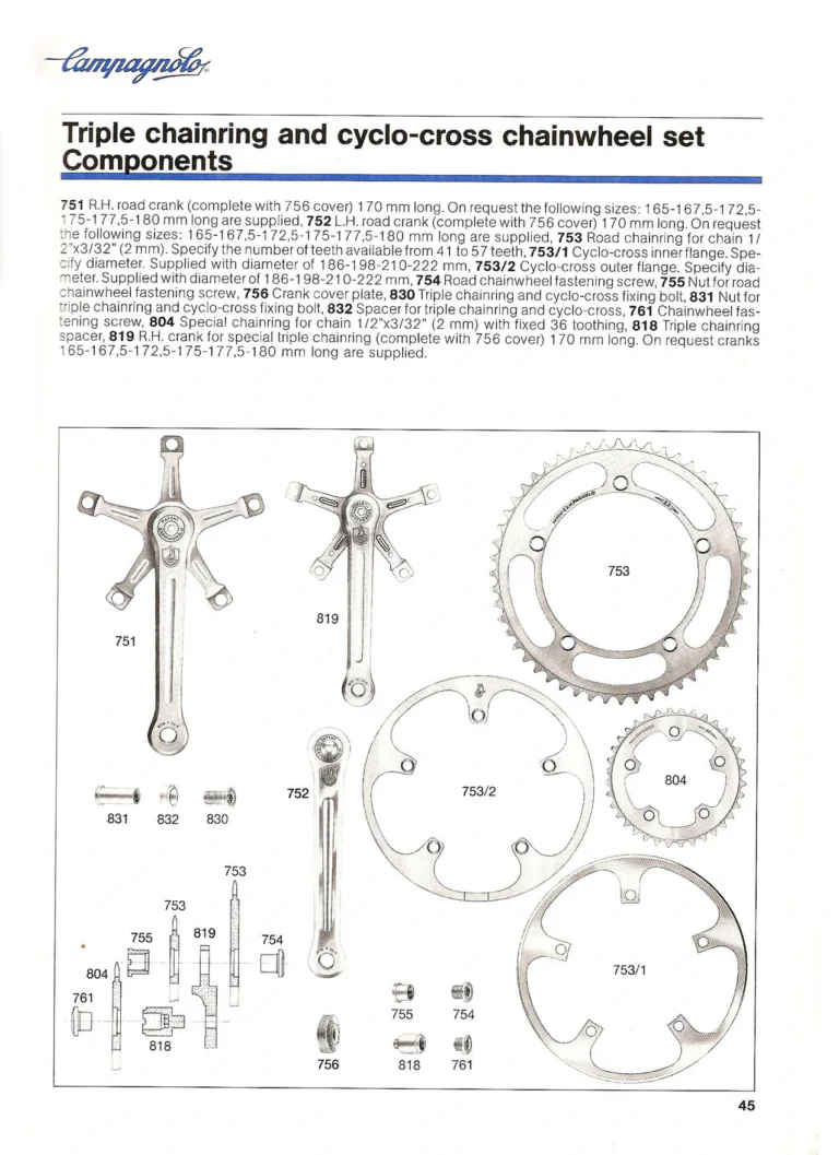 Campagnolo Catalogue No. 18, December 1986 Printing — Super Record, Record, Gran Sport, Touring and 980 Groups, Every Part and the Tools — page 44 of 70
