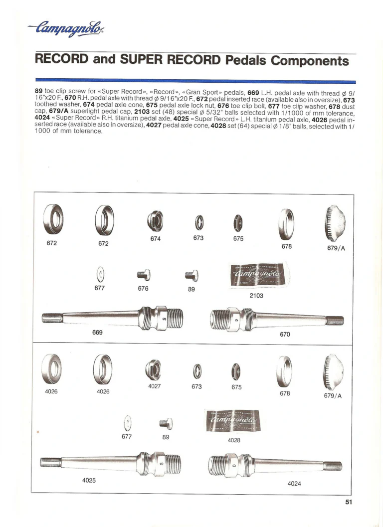 Campagnolo Catalogue No. 18, December 1986 Printing — Super Record, Record, Gran Sport, Touring and 980 Groups, Every Part and the Tools — page 50 of 70