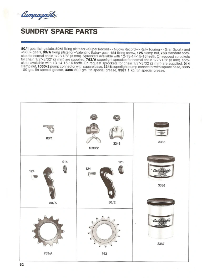 Campagnolo Catalogue No. 18, December 1986 Printing — Super Record, Record, Gran Sport, Touring and 980 Groups, Every Part and the Tools — page 61 of 70