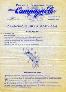 A Campagnolo instruction sheet for the «Gran Sport» gear printed in blue on yellowed paper, with the Brevetti Internazionali letterhead and a line drawing of the rear derailleur with four parts numbered.