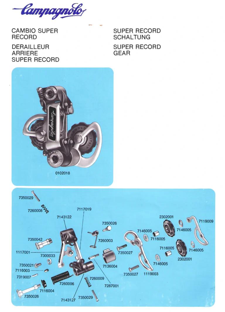 Campagnolo Parts Sheets of about 1980, Vicenza Edition — Super Record Gear, Seat Pin, Front Changers, Gran Sport Chainset, Pedals and Chain Holders, in Four Languages — page 1 of 16