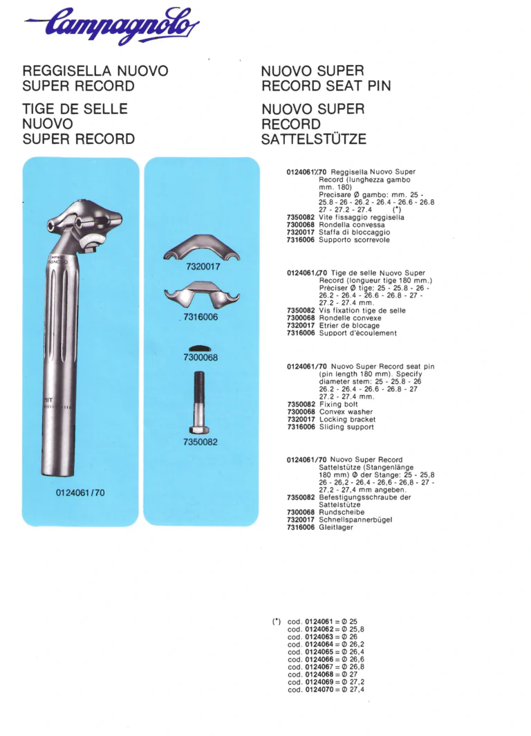 Campagnolo Parts Sheets of about 1980, Vicenza Edition — Super Record Gear, Seat Pin, Front Changers, Gran Sport Chainset, Pedals and Chain Holders, in Four Languages — page 3 of 16