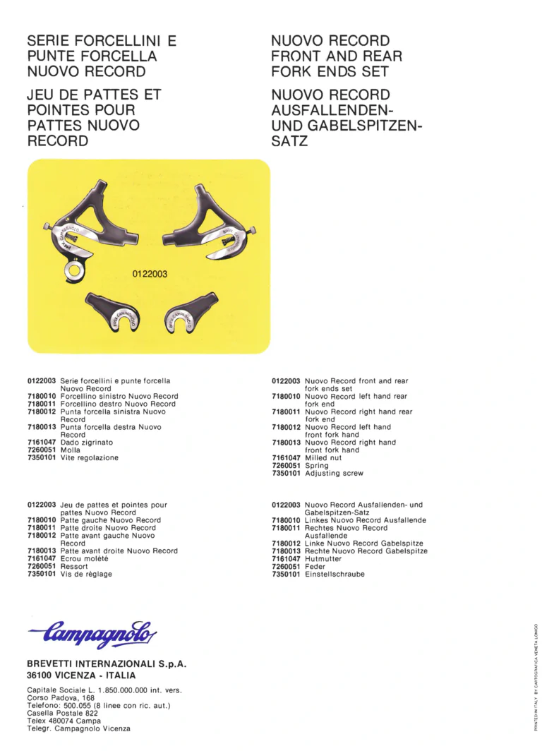 Campagnolo Parts Sheets of about 1980, Vicenza Edition — Super Record Gear, Seat Pin, Front Changers, Gran Sport Chainset, Pedals and Chain Holders, in Four Languages — page 4 of 16