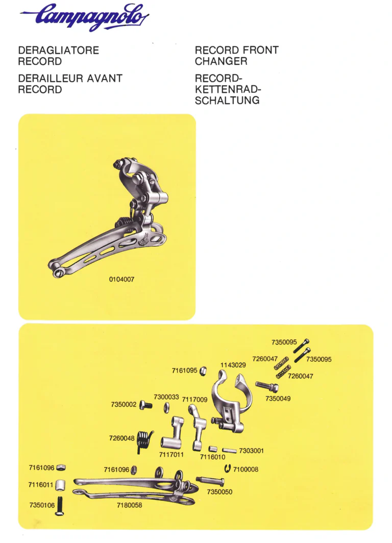 Campagnolo Parts Sheets of about 1980, Vicenza Edition — Super Record Gear, Seat Pin, Front Changers, Gran Sport Chainset, Pedals and Chain Holders, in Four Languages — page 5 of 16