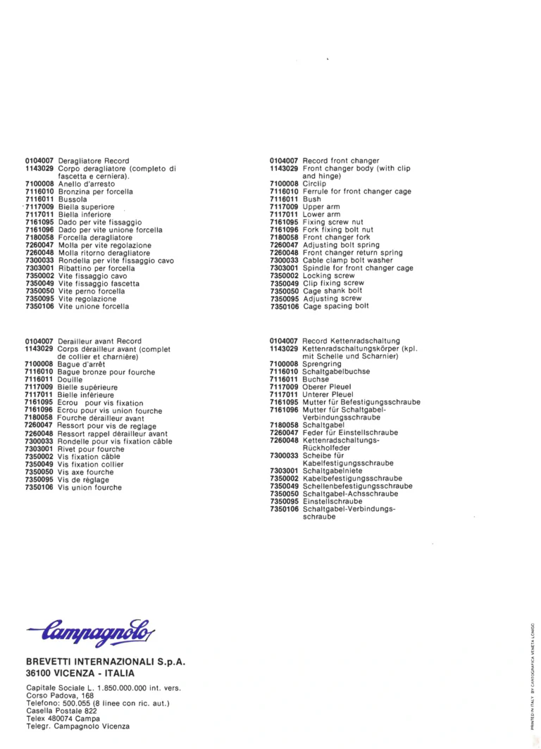 Campagnolo Parts Sheets of about 1980, Vicenza Edition — Super Record Gear, Seat Pin, Front Changers, Gran Sport Chainset, Pedals and Chain Holders, in Four Languages — page 6 of 16
