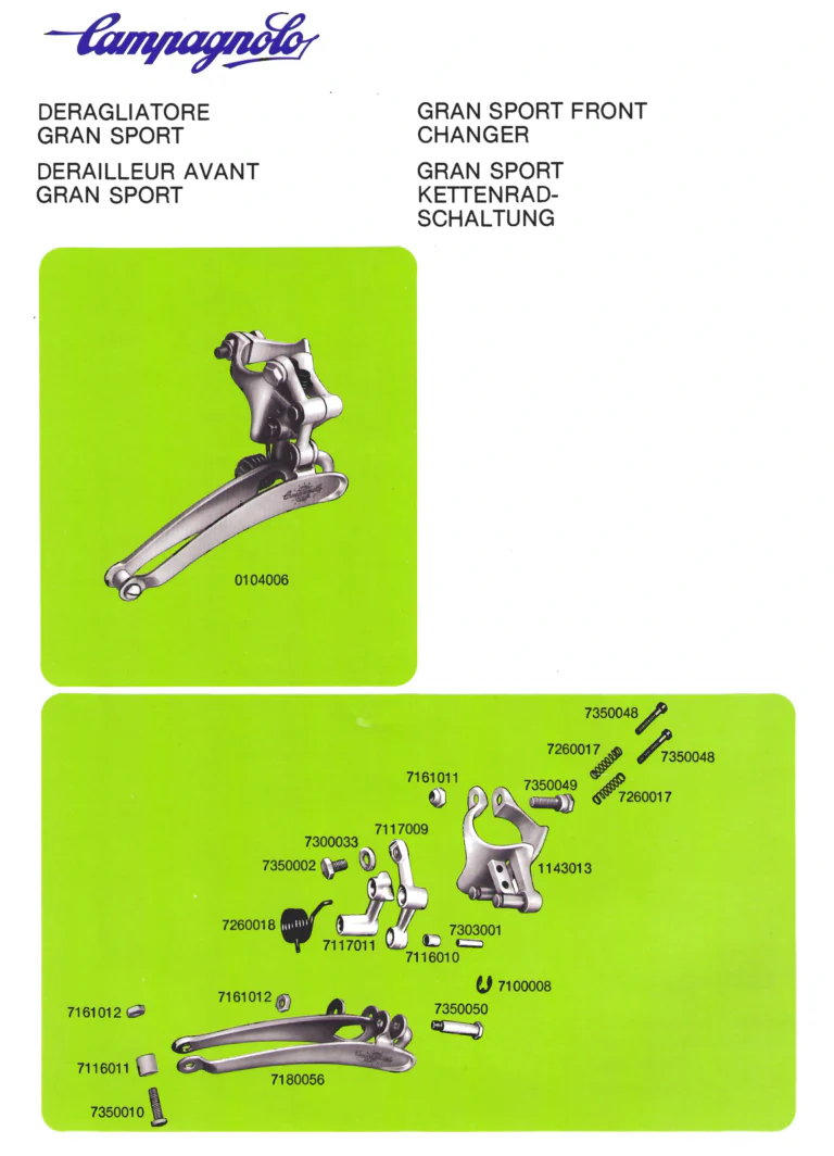 Campagnolo Parts Sheets of about 1980, Vicenza Edition — Super Record Gear, Seat Pin, Front Changers, Gran Sport Chainset, Pedals and Chain Holders, in Four Languages — page 7 of 16