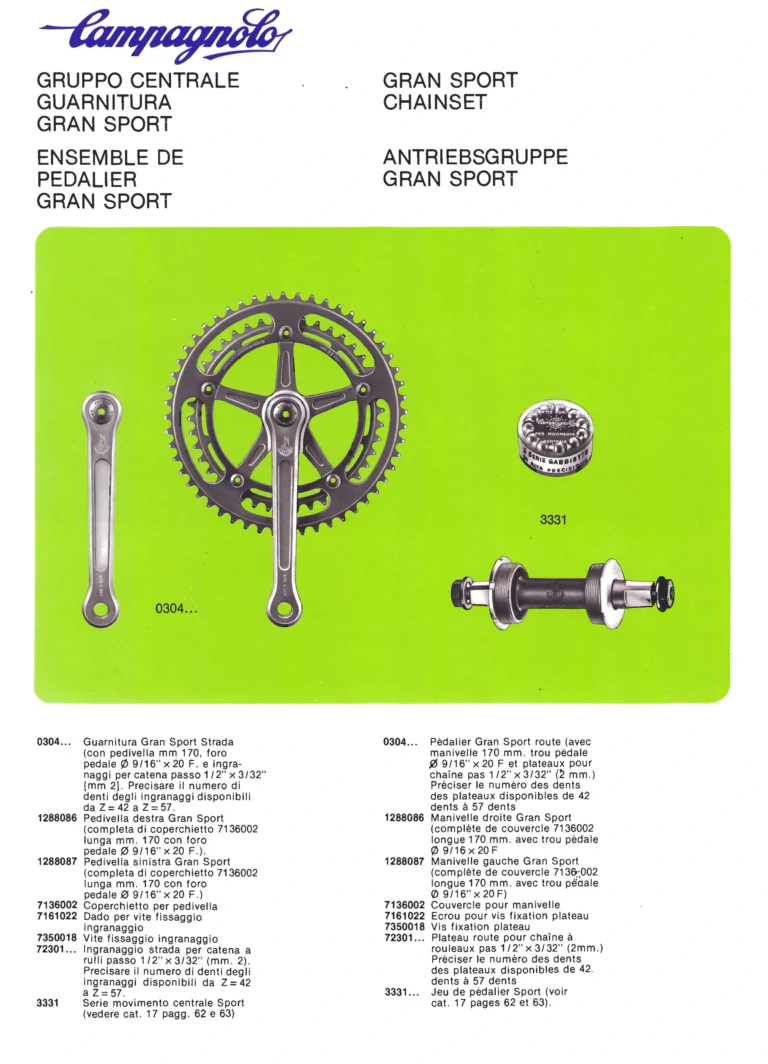 Campagnolo Parts Sheets of about 1980, Vicenza Edition — Super Record Gear, Seat Pin, Front Changers, Gran Sport Chainset, Pedals and Chain Holders, in Four Languages — page 9 of 16
