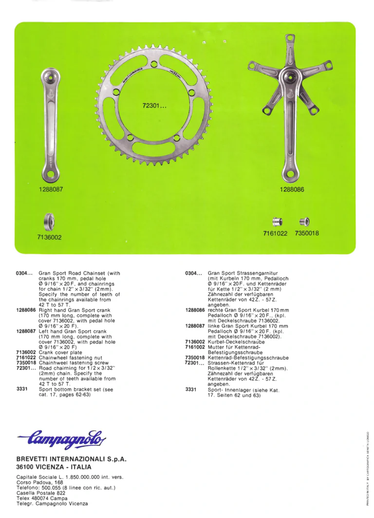 Campagnolo Parts Sheets of about 1980, Vicenza Edition — Super Record Gear, Seat Pin, Front Changers, Gran Sport Chainset, Pedals and Chain Holders, in Four Languages — page 10 of 16