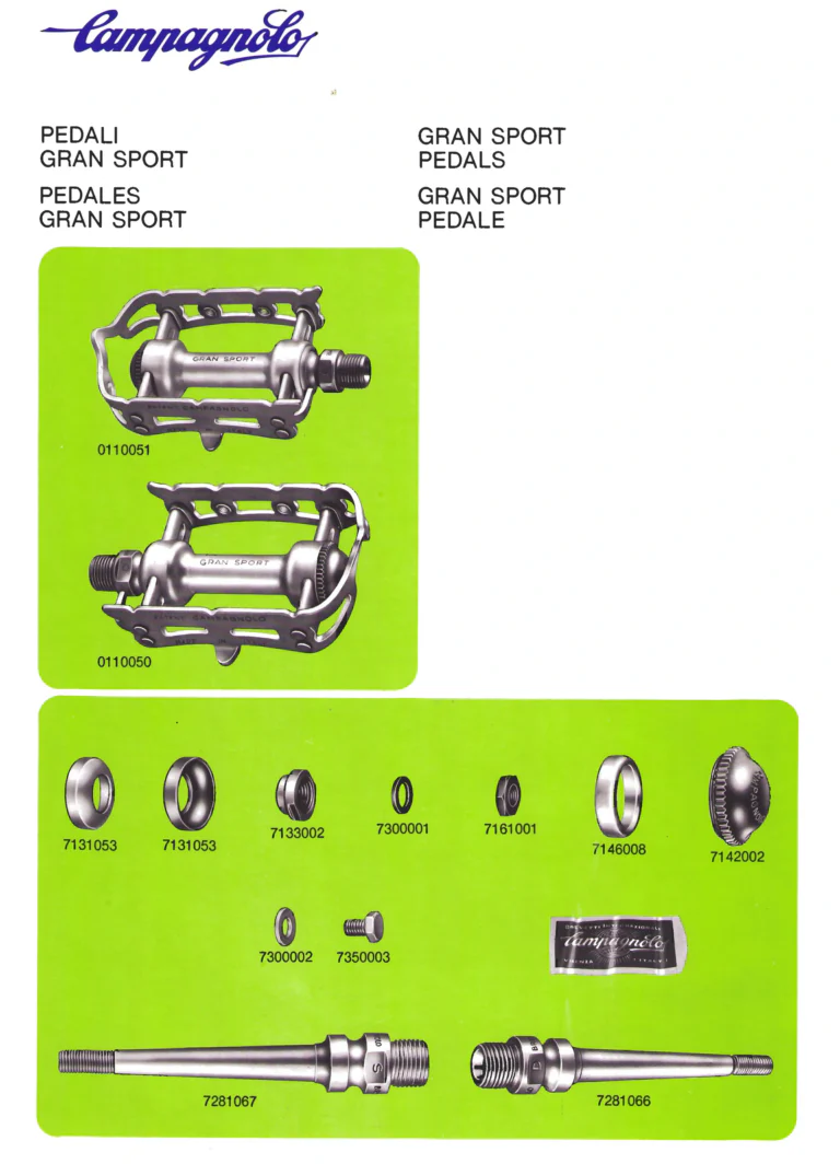Campagnolo Parts Sheets of about 1980, Vicenza Edition — Super Record Gear, Seat Pin, Front Changers, Gran Sport Chainset, Pedals and Chain Holders, in Four Languages — page 11 of 16