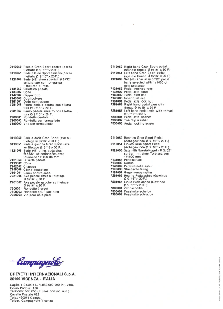 Campagnolo Parts Sheets of about 1980, Vicenza Edition — Super Record Gear, Seat Pin, Front Changers, Gran Sport Chainset, Pedals and Chain Holders, in Four Languages — page 12 of 16