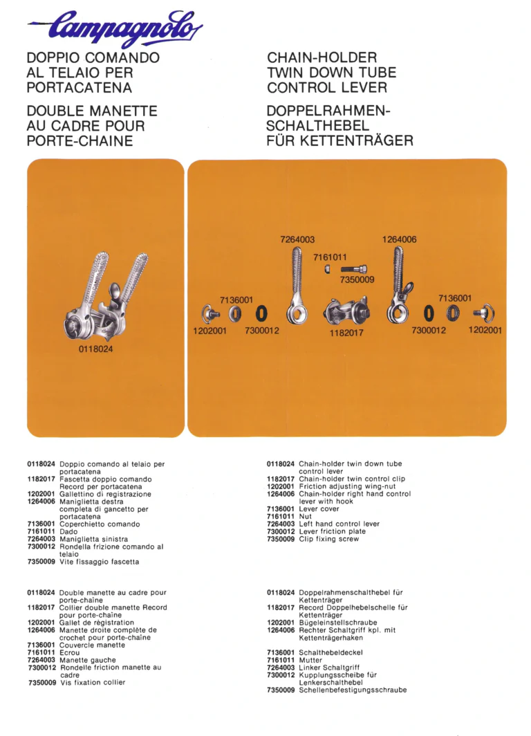Campagnolo Parts Sheets of about 1980, Vicenza Edition — Super Record Gear, Seat Pin, Front Changers, Gran Sport Chainset, Pedals and Chain Holders, in Four Languages — page 13 of 16