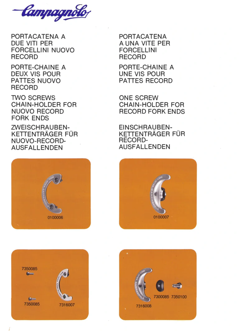 Campagnolo Parts Sheets of about 1980, Vicenza Edition — Super Record Gear, Seat Pin, Front Changers, Gran Sport Chainset, Pedals and Chain Holders, in Four Languages — page 15 of 16