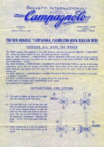 A Campagnolo instruction sheet for "The New Original Campagnolo Calibrated Quick Release Hubs" printed in blue on gray paper, with the Brevetti Internazionali letterhead and two line drawings of the hubs with their quick release levers and wing nuts, the parts numbered.