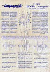 A Campagnolo instruction sheet for the Record brake, headed "Il freno «RECORD» Campagnolo", with text in Italian, French, English and German set around a numbered drawing of the caliper and the lever body.