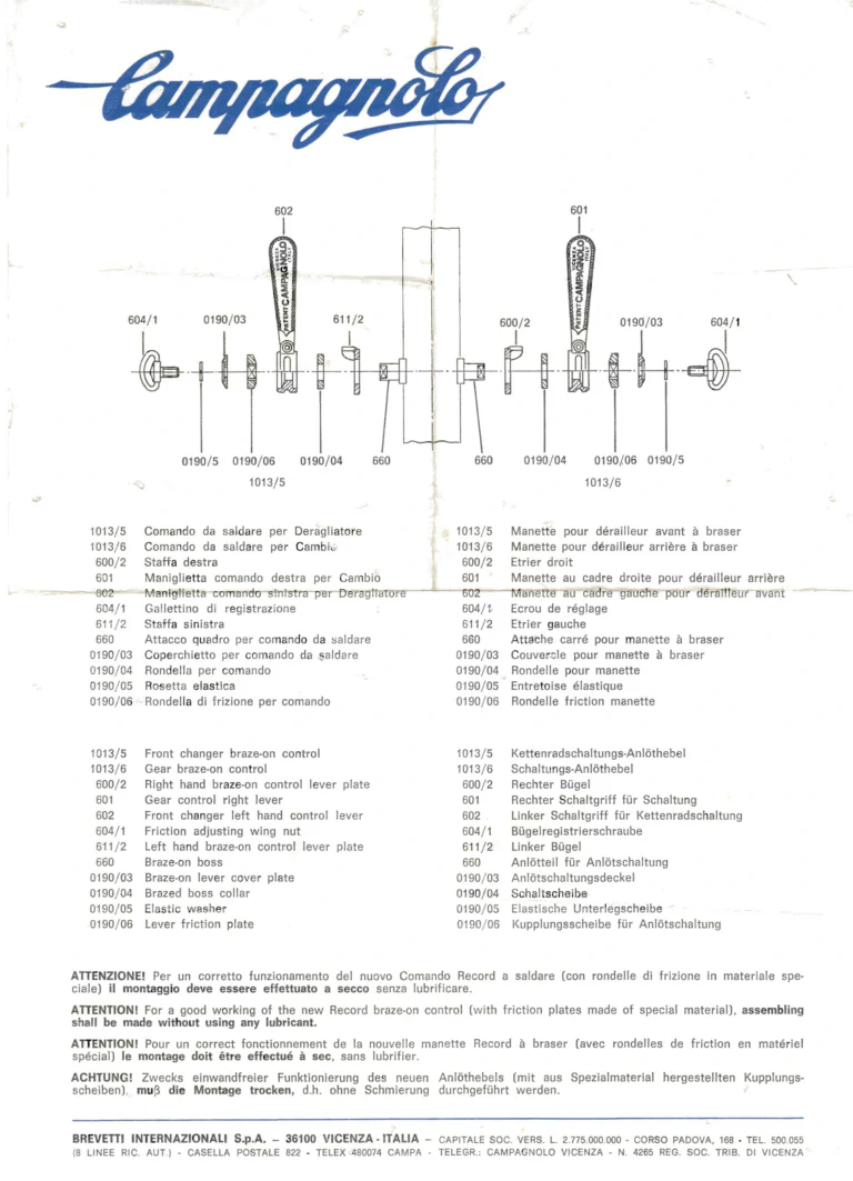 Campagnolo Record Braze-On Down-Tube Lever Instructions of about 1982 — The New Braze-On Control, Its Parts and the Fitting Warning, in Four Languages — page 1 of 1