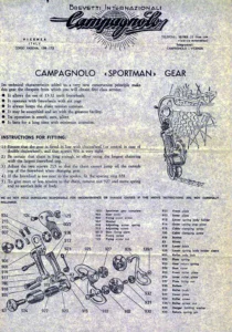A Campagnolo instruction sheet for the «Sportman» gear printed in black on gray paper, with the Brevetti Internazionali letterhead, a drawing of the rear derailleur fitted on a bicycle and an exploded drawing at the foot with every part numbered.