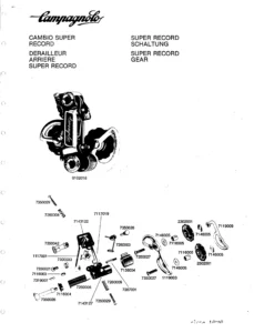 A photograph of the Campagnolo Super Record rear derailleur, 0102018, above an exploded drawing of the derailleur with every part labeled by its seven-digit part number.