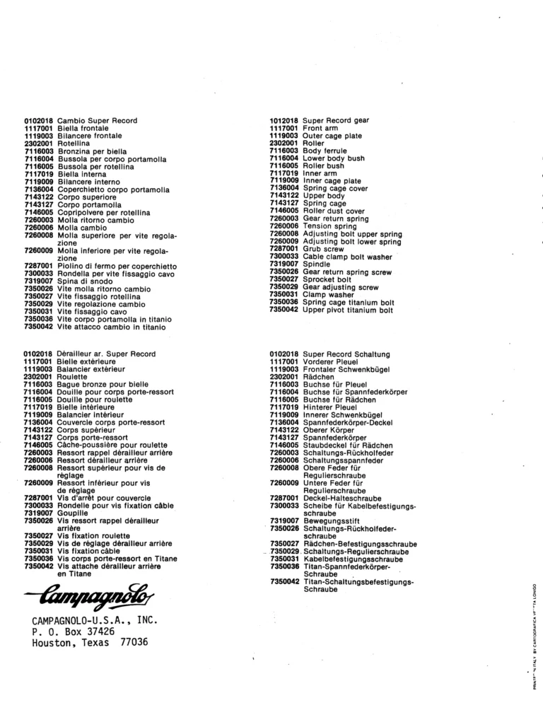 Campagnolo U.S.A. Parts Sheets of about 1980 — The Super Record Rear Derailleur, Nuovo Super Record Seat Pin and the Chain Holders, in Four Languages — page 2 of 18