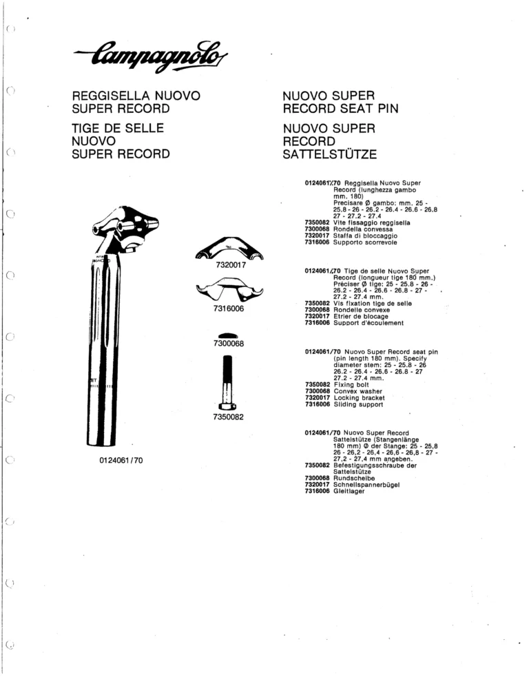 Campagnolo U.S.A. Parts Sheets of about 1980 — The Super Record Rear Derailleur, Nuovo Super Record Seat Pin and the Chain Holders, in Four Languages — page 3 of 18