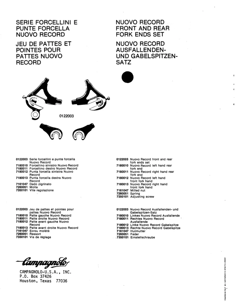 Campagnolo U.S.A. Parts Sheets of about 1980 — The Super Record Rear Derailleur, Nuovo Super Record Seat Pin and the Chain Holders, in Four Languages — page 4 of 18