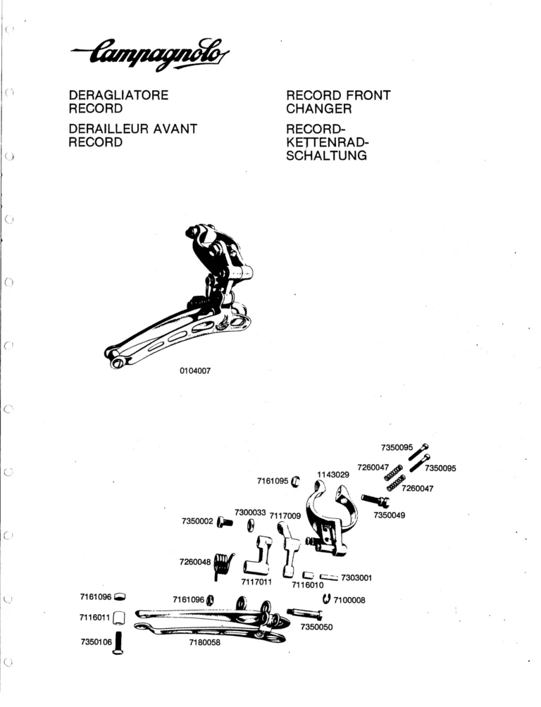 Campagnolo U.S.A. Parts Sheets of about 1980 — The Super Record Rear Derailleur, Nuovo Super Record Seat Pin and the Chain Holders, in Four Languages — page 5 of 18