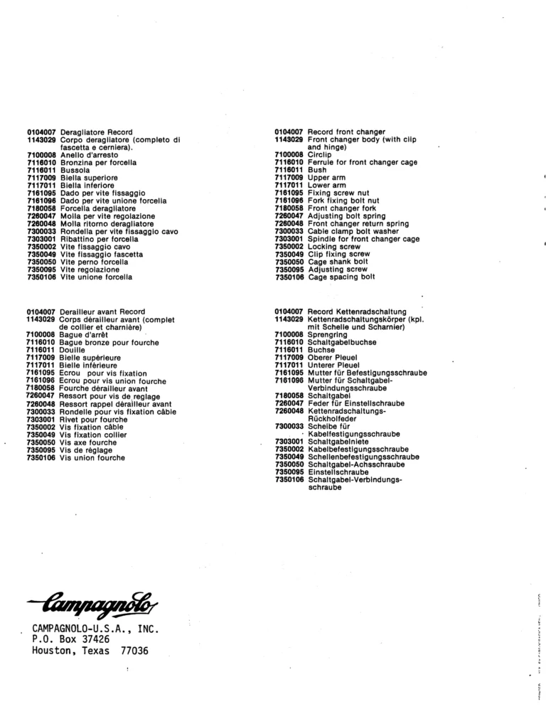 Campagnolo U.S.A. Parts Sheets of about 1980 — The Super Record Rear Derailleur, Nuovo Super Record Seat Pin and the Chain Holders, in Four Languages — page 6 of 18