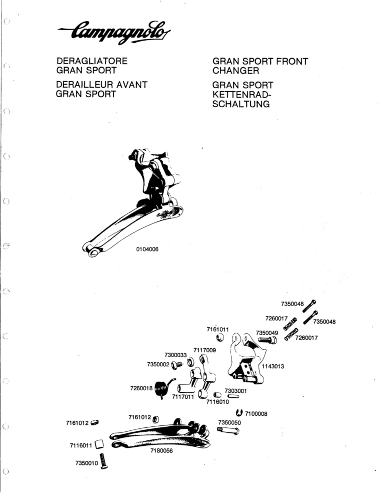 Campagnolo U.S.A. Parts Sheets of about 1980 — The Super Record Rear Derailleur, Nuovo Super Record Seat Pin and the Chain Holders, in Four Languages — page 7 of 18