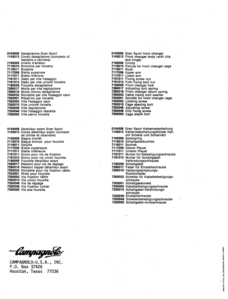 Campagnolo U.S.A. Parts Sheets of about 1980 — The Super Record Rear Derailleur, Nuovo Super Record Seat Pin and the Chain Holders, in Four Languages — page 8 of 18
