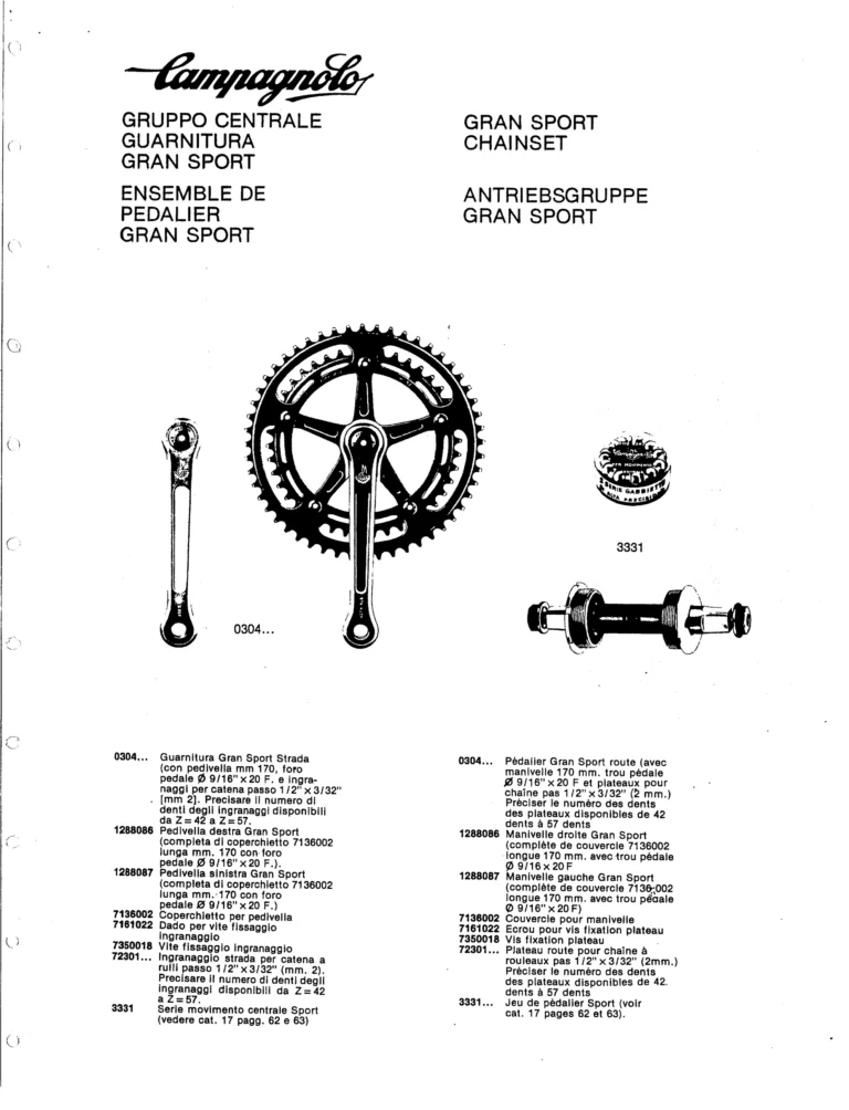 Campagnolo U.S.A. Parts Sheets of about 1980 — The Super Record Rear Derailleur, Nuovo Super Record Seat Pin and the Chain Holders, in Four Languages — page 9 of 18