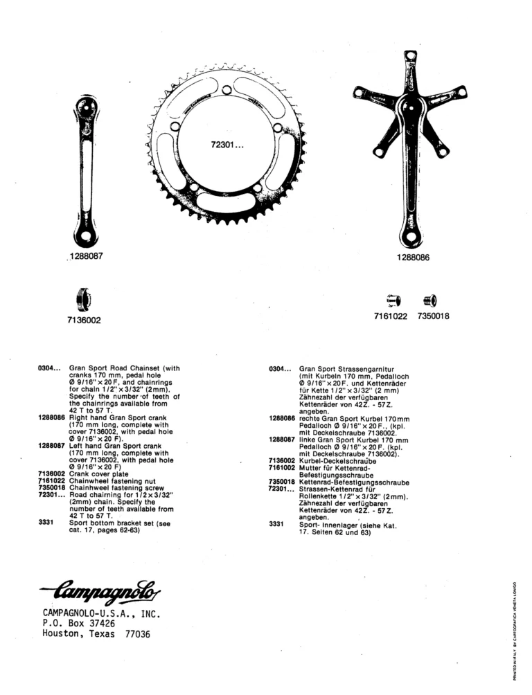 Campagnolo U.S.A. Parts Sheets of about 1980 — The Super Record Rear Derailleur, Nuovo Super Record Seat Pin and the Chain Holders, in Four Languages — page 10 of 18