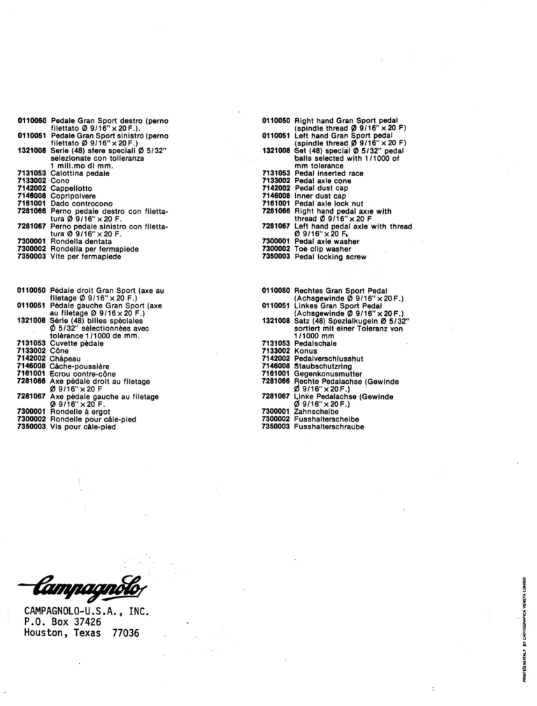 Campagnolo U.S.A. Parts Sheets of about 1980 — The Super Record Rear Derailleur, Nuovo Super Record Seat Pin and the Chain Holders, in Four Languages — page 12 of 18