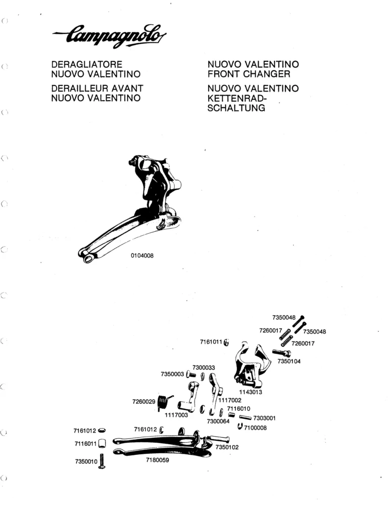 Campagnolo U.S.A. Parts Sheets of about 1980 — The Super Record Rear Derailleur, Nuovo Super Record Seat Pin and the Chain Holders, in Four Languages — page 14 of 18