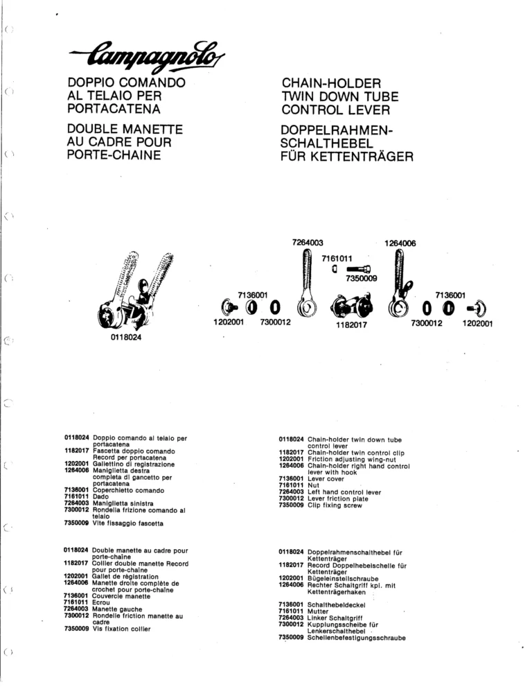Campagnolo U.S.A. Parts Sheets of about 1980 — The Super Record Rear Derailleur, Nuovo Super Record Seat Pin and the Chain Holders, in Four Languages — page 16 of 18