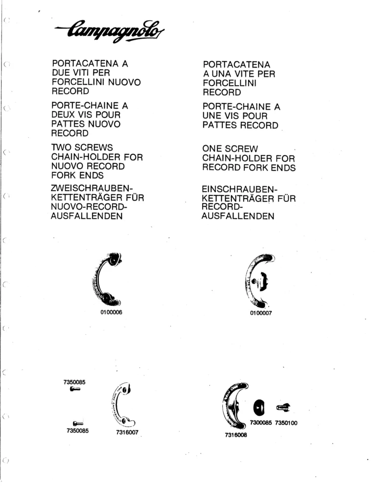 Campagnolo U.S.A. Parts Sheets of about 1980 — The Super Record Rear Derailleur, Nuovo Super Record Seat Pin and the Chain Holders, in Four Languages — page 17 of 18