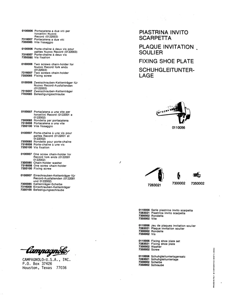 Campagnolo U.S.A. Parts Sheets of about 1980 — The Super Record Rear Derailleur, Nuovo Super Record Seat Pin and the Chain Holders, in Four Languages — page 18 of 18