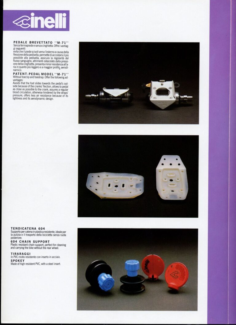 Cinelli Laser Catalog — The Laser America, Crono Strada and Rivoluzione Pista, with Helmets, Saddles, Bars, Stems and the M-71 Pedal — page 18 of 18