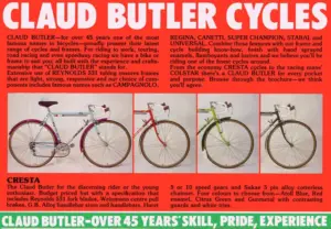 Page of the undated Claud Butler leaflet, Claud Butler Cycles and the Cresta: the heading Claud Butler Cycles in white on red above an introduction and four Cresta photographs, one complete light blue bicycle and three cropped front views in red, lime green and gray.
