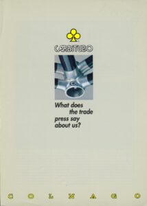 Front cover of a Colnago Carbitubo leaflet on a gray ground: the clover, the CARBITUBO logotype and a photograph of an aluminum bottom bracket fitting with carbon tube ends, above the question What does the trade press say about us?