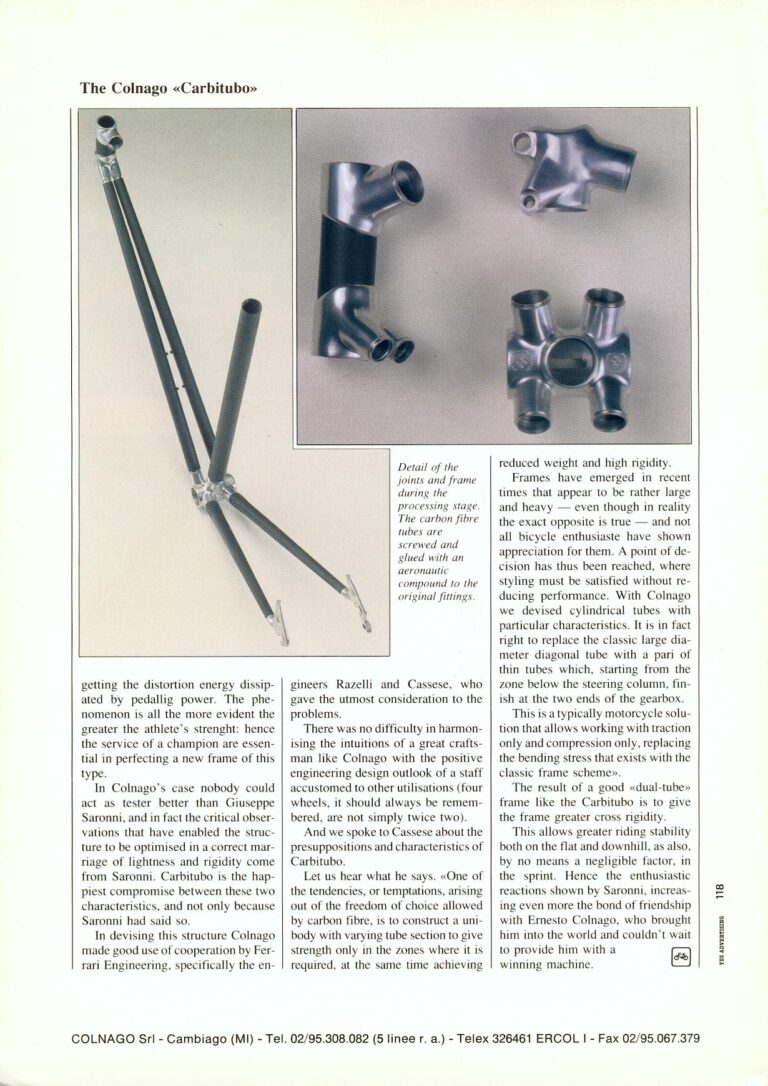 Colnago Carbitubo Leaflet — The Colnago «Carbitubo», by Sergio Meda, Reprinted from La Bicicletta — page 4 of 4