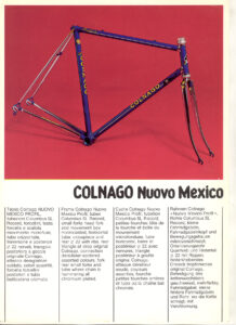 Colnago frameset sheet headed COLNAGO Nuovo Mexico: a bare frame and fork on a red ground above a description in four ruled columns in Italian, English, French and German.